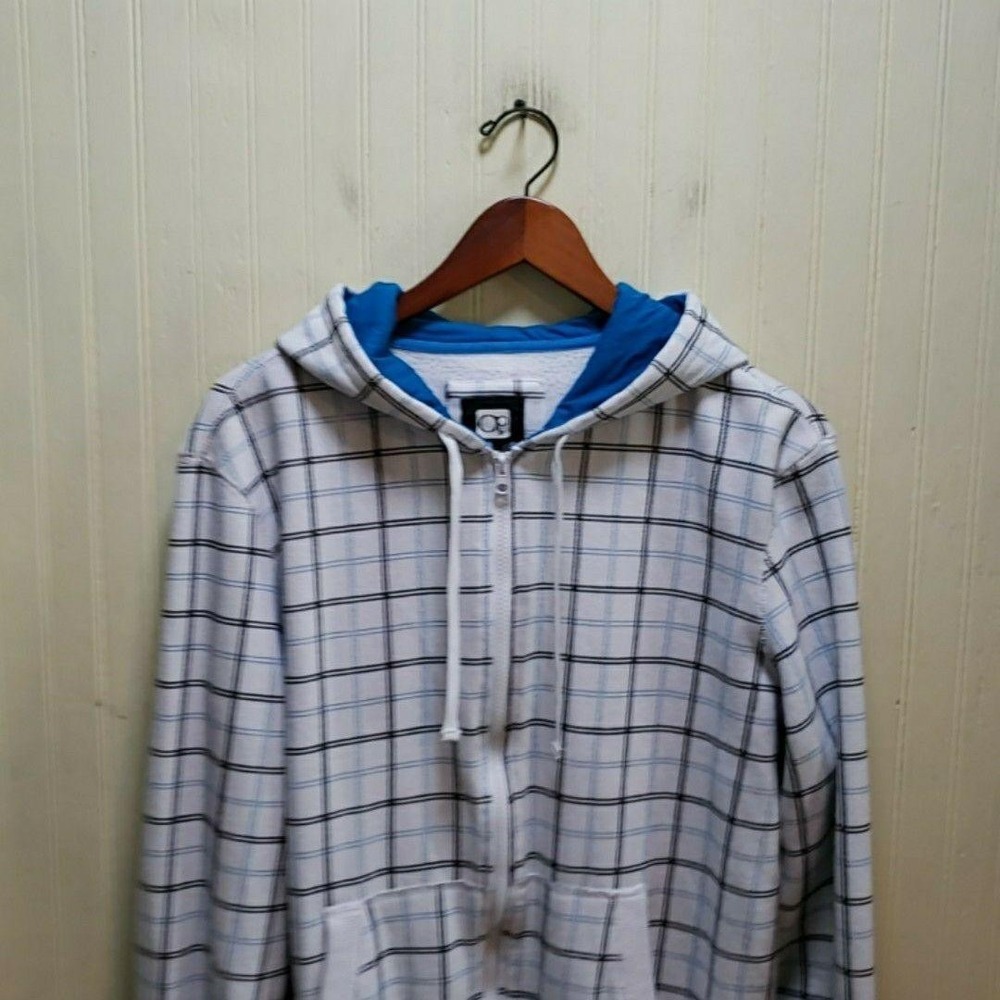 Op Hoodie Mens Large White Plaid Full Zip Fleece Blue Lined Kangaroo Pockets